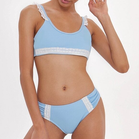 NEW Baby Blue White Lace Bikini Bathing Suit Swim Set Size Large - Picture 1 of 10